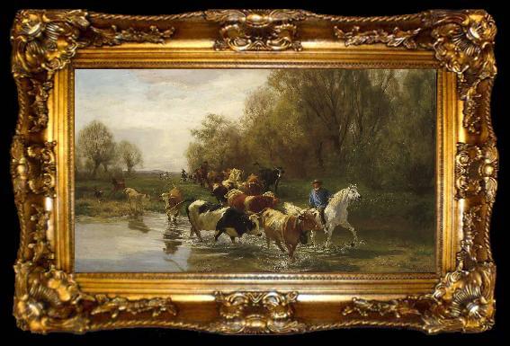framed  Rudolf Koller Kuhe mit Reiter am Wasser beim Zurichhorn, ta009-2